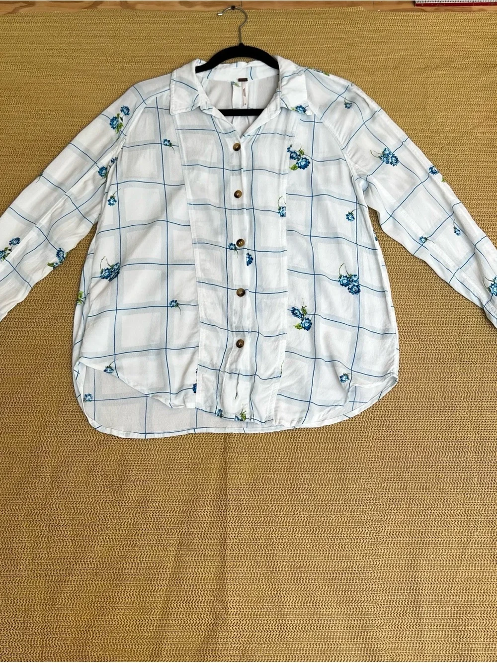 Lightweight White Button-Up with Blue Floral Grid